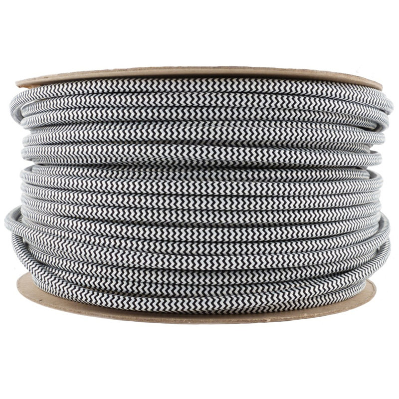 Alasia Cord - Fabric Cable 1m 2 Core Round Electrical Wire for Lamps, Black and White