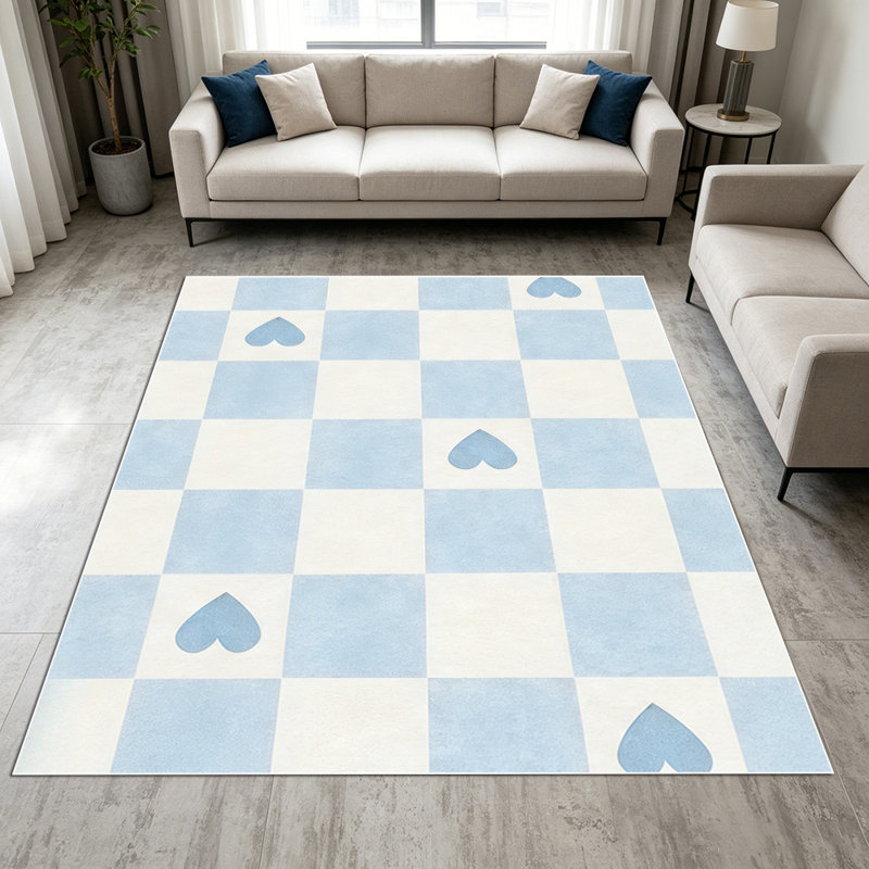 1PC blue and white checkered heart printed area rugs for Living Room, Soft and Comfortable, Suitable for all seasons, easy-to-maintain, machine washable Indoor floor mat, Under Table Farmhouse suitable for bedroom, dining room, entryway, home