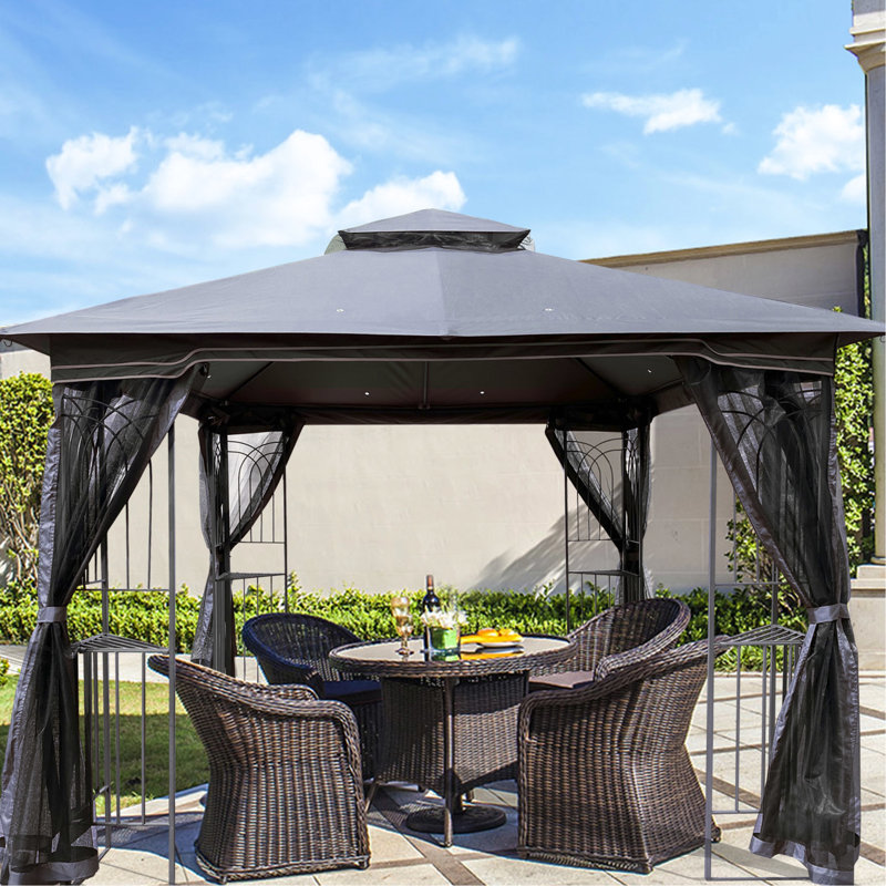 Pavillon de jardin 10X10 avec toit et filet amovible pour profiter de la terrasse du jardin - Écran de toit gris à deux niveaux spacieux