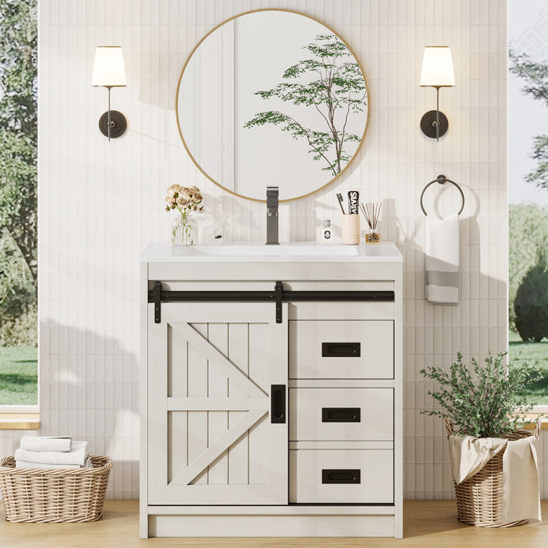 31" Sliding Barn Door Bathroom Vanity with Sink,  Farmhouse Small Single Bathroom Vanity Set, White