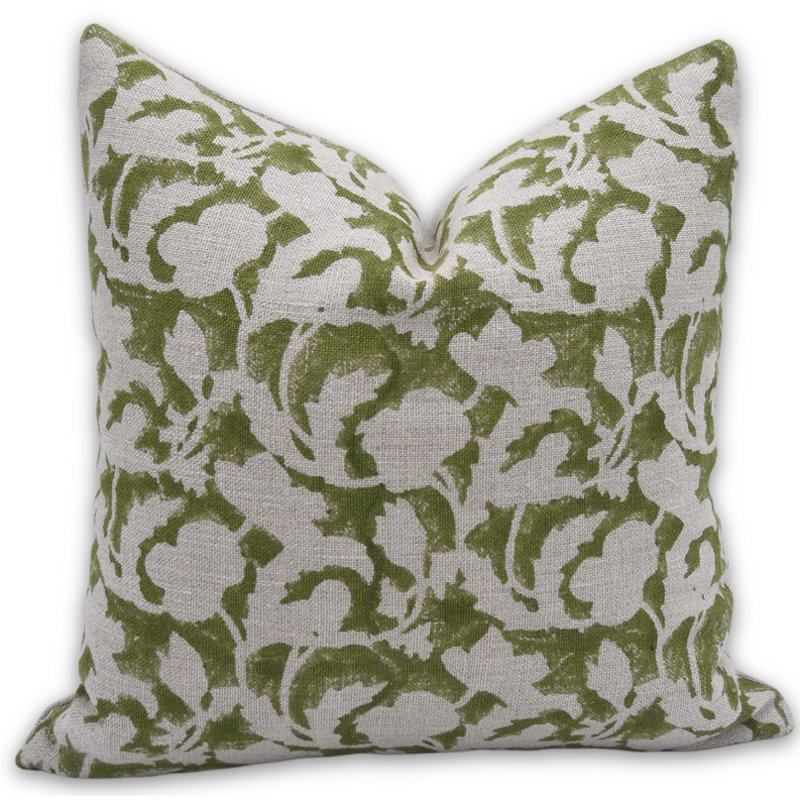 Block Print Throw Pillow Cover, 30 Inch Thick Linen Decorative Cushion Cover, 20" x 14", White/Green