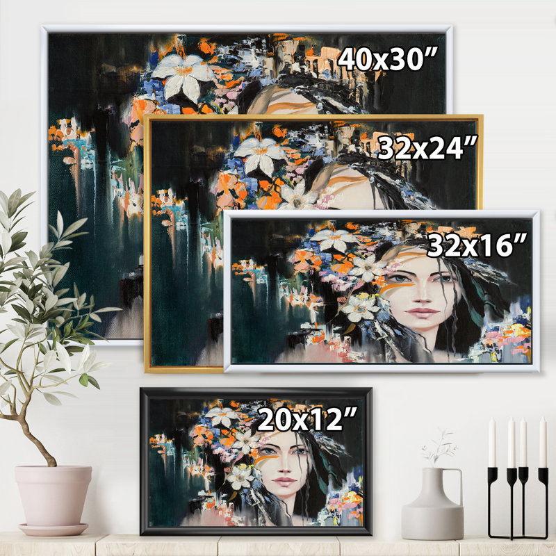 Portrait d'une jeune femme avec des fleurs I - peinture sur toile, H 24 po x l 32 po x P 1 po, Cadre flottant doré