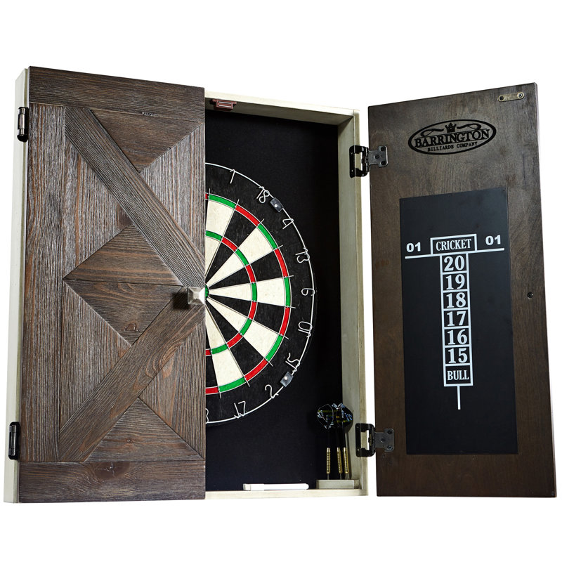 Barrington Bellevue Rustic Wood 18” Bristle Dartboard Cabinet Set, Self-Healing Sisal, 6 Steel Tip Darts