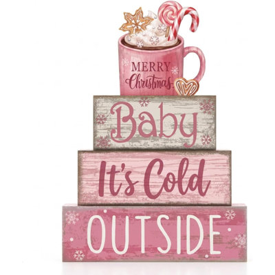Décoration de table de Noël rose (lot de 4) en bois avec tasse de chocolat chaud et flocons de neige | Panneau en bois « Bébé, il fait froid dehors » avec tasse et flocons de neige, centre de table hivernal pour coin café à la maison