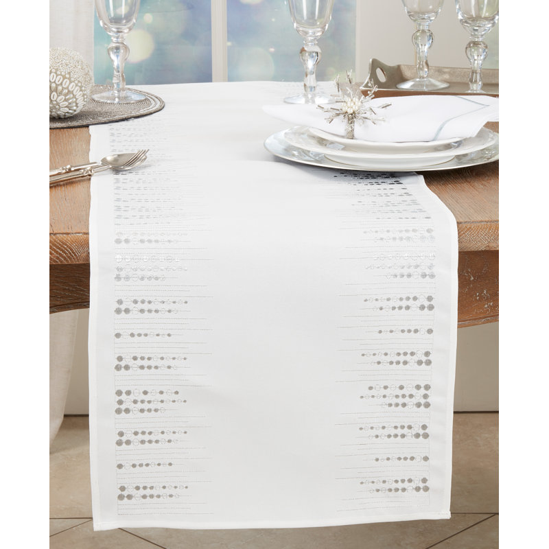 Handcrafted White and Silver Embroidered Dots Table Runner