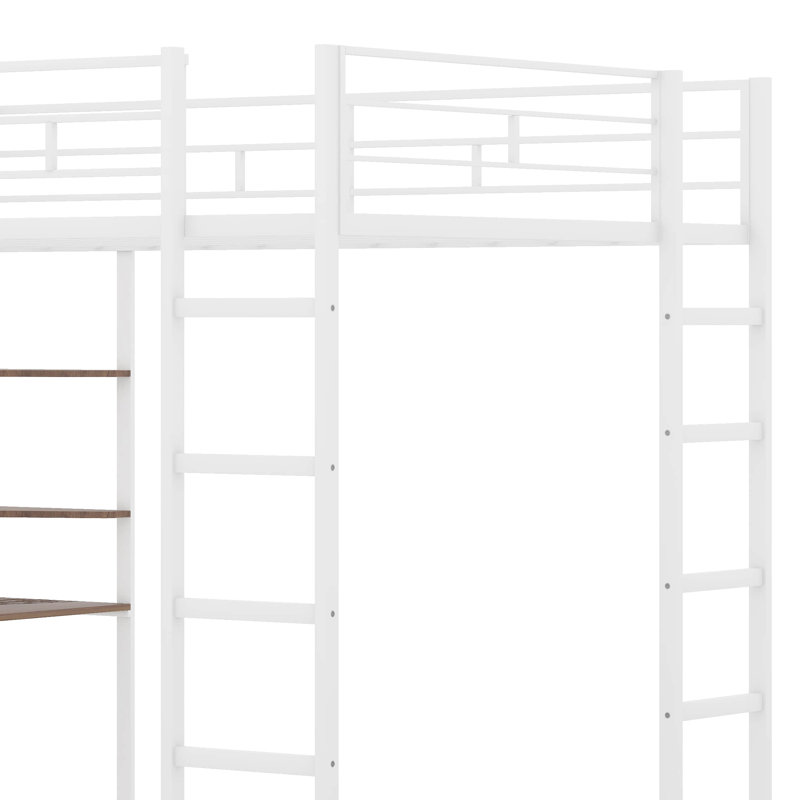 Lit mezzanine en métal avec 2 tablettes et un bureau, Double, Blanc