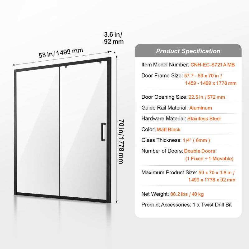 Semi-frameless Shower Door 57.7-59 x 70 in SGCC Tempered Glass 1/4in, Black