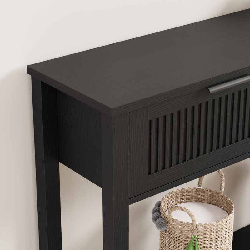 Fluted Black Console Table 43 Inch – 2 Drawers – Narrow Wood & Metal Sofa Table for Entryway, Living Room, or Hallway – Storage Accent Desk – Easy Assembly – 25 Years of Black