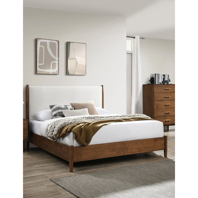 Grand lit de style Mid-Century moderne, tête de lit Boucle en noyer et beige, structure en bois massif, pieds fuselés ronds, lit compatible avec matelas de conception, couleur, panneau de placage en tissu, prêt