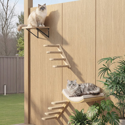 Paquet de 2 tablettes murales pour chat avec tapis à griffer, tablette flottante en bois de pin massif 16,6 x 9,7 pouces, perchoir pour dormir et jouer