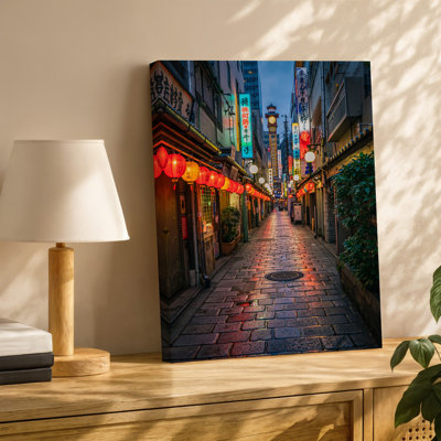 Canvas A Vibrant Narrow Alleyway In Tokyo Filled With Glowing Red Wall Art Lanterns And Colorful Neon Signs Reflecting A Rich Tapestry Canvas Wall Art