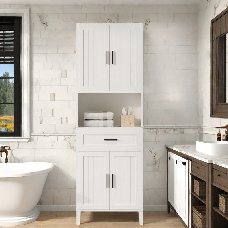 Grande armoire de salle de bain autoportante avec 1 tiroir, 2 armoires, 4 portes à fermeture douce, 2 tablettes réglables et un rangement ouvert