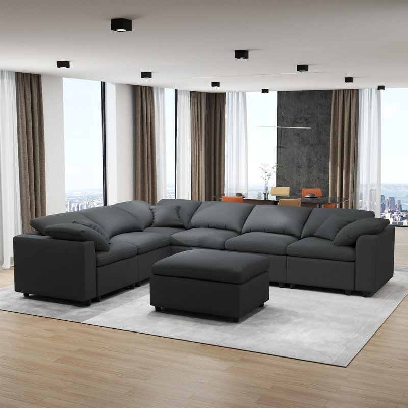 125" 7-Seater Oversized Modular Chenille Sectional Sofa, Reversible L-shape Design With Movable Ottoman, Gray Chenille