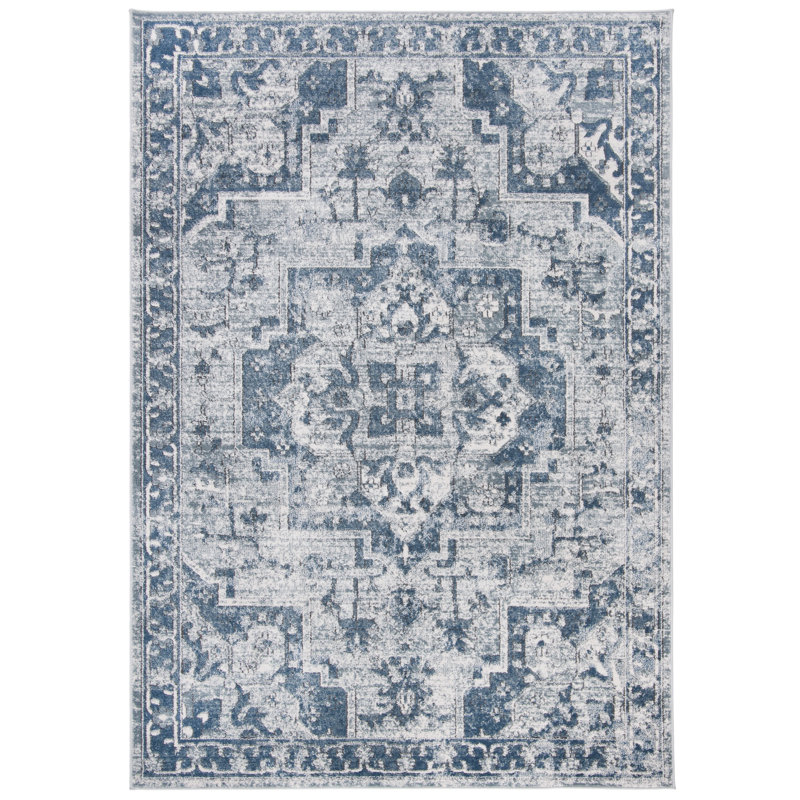Ivory and Navy Hand-Knotted Rectangular Rug, 5' x 7'