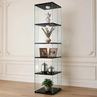 Black Tempered Glass Rotating Four Layer Cabinet Multi Purpose As Wine File Storage With Remote Lights And Adjustable Feet