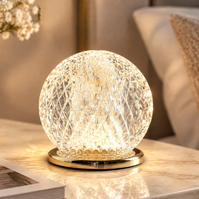 4.3" Modern Acrylic Globe Table Lamp, Rechargeable Touch Control Bedside Night Light with Gold Base