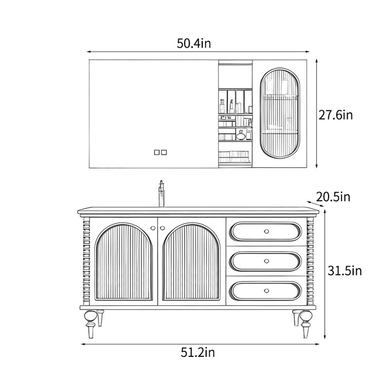 French-style retro floor-standing bathroom cabinet, 31.5" H x 51.2" W x 20.5" D