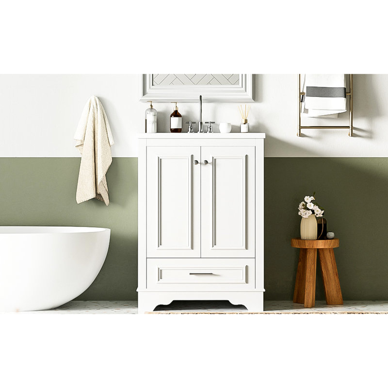 Meuble-lavabo de 24 po avec lavabo en céramique, poignées de meuble autoportantes modernes argentées, portes à fermeture douce, grand meuble-lavabo de rangement, inclus, fonctionnel