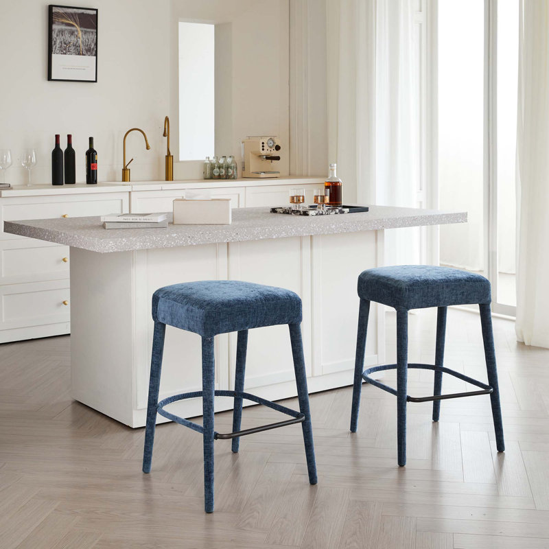 Tabouret de bar rembourré à hauteur de comptoir avec pieds et repose-pieds robustes en métal (ensemble de 2), Bleu