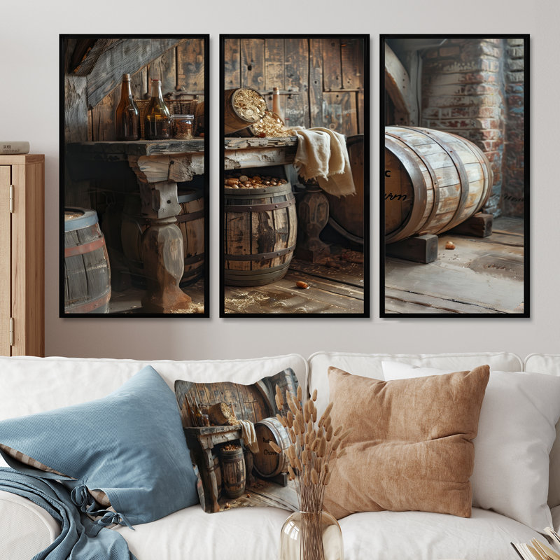 «Brown Rustic Barrels Charm I», ensemble de reproductions d'art mural rustique, H 28 po x l 36 po x P 1 po