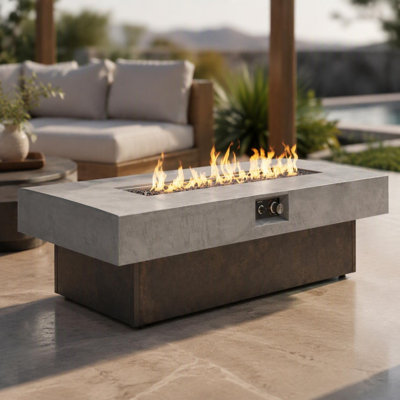 Foyer extérieur au propane de 50 000 BTU pour terrasse ou balcon, allumage électronique, flamme réglable sur 3 niveaux, finition effet ciment, table foyer au gaz avec verre à feu et housse antipluie, 142 x 58 cm