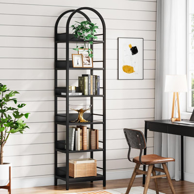 6-Tier Arched Bookcase With Metal Frame, Freestanding Corner Bookshelf For Living Room, Home Office, Tall Narrow Storage Shelf