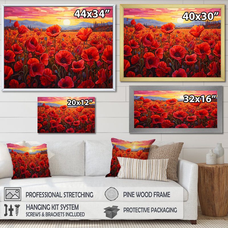 «Red Crimson Bloom Garden Serenade», reproduction sur toile, Cadre flottant doré, H 16 po x l 32 po x P 0,5 po