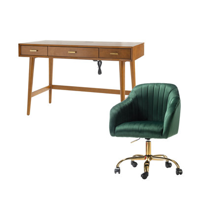Adan Modern 2-Piece Desk Office Chair Set with Velvet Task Chair and Solid Wood Cable Management Computer Desk