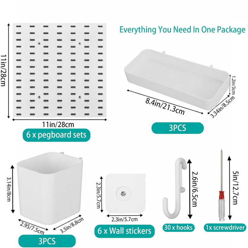 Pegboard Combination Kit with 6 Panels 28 x 28cm Peg Boards for Walls and 44 Accessories Wall Organizer
