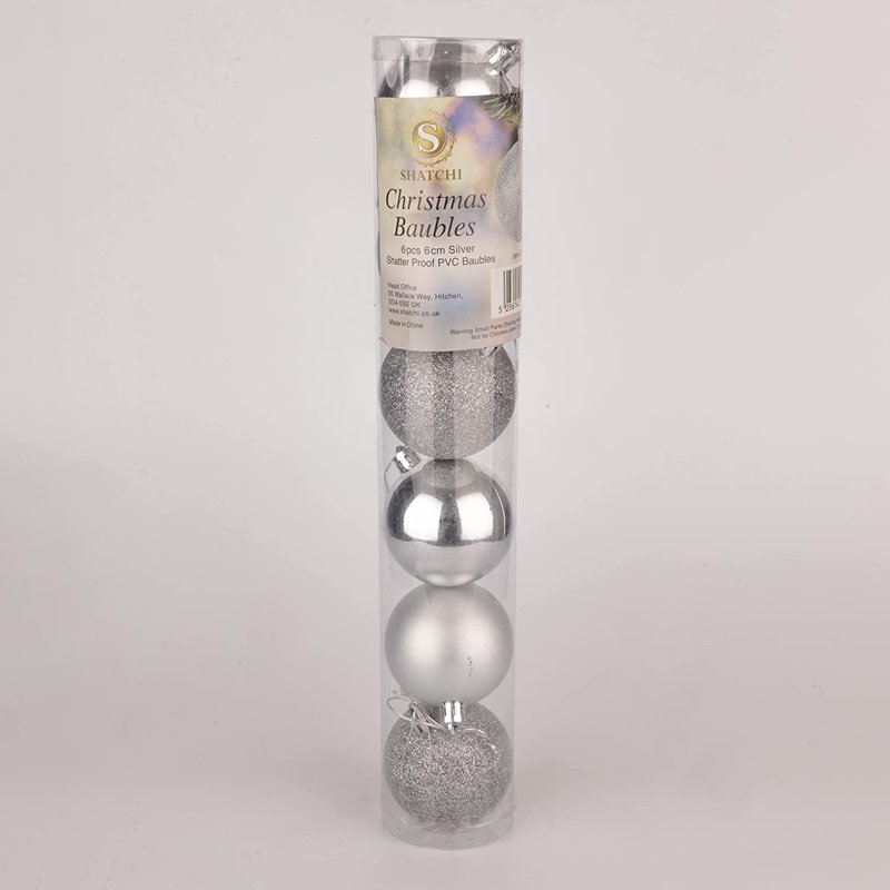 10cm Pack of 6 Shatterproof Christmas Baubles for Tree and Home Decorations, 6cm H x 6cm W x 6cm D, Silver