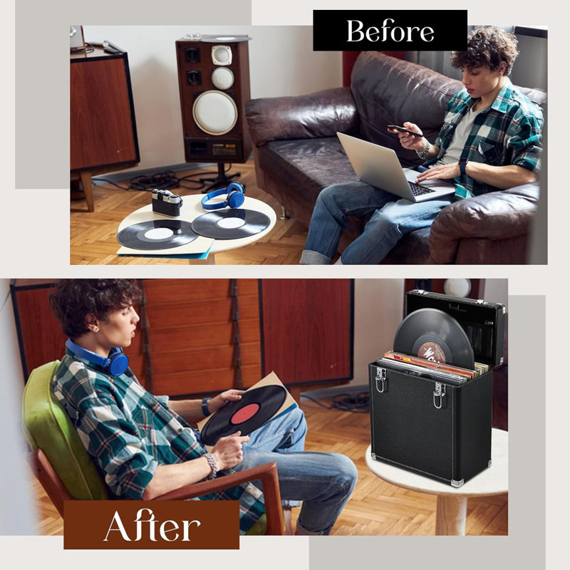 13.38"×7.08"×14.17" Vinyl Record Storage Box – 30+ LP Capacity Padded Portable Case with Mesh Lid Pockets