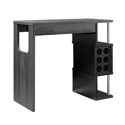 Two Home Bar Table With Wine Glass Holder And Three Robust Shelves, Grey & Black Distressed Compartment Functional Shelves For Parties,