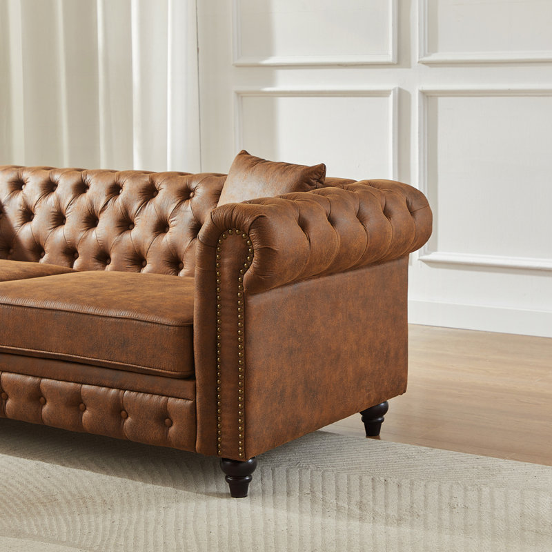 Base Chesterfield moderne avec tissu technique et accoudoirs roulés, Brun
