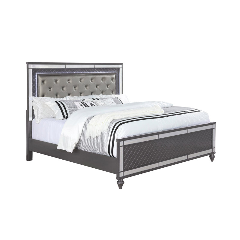 Refino Gray King LED Upholstered Panel Bed