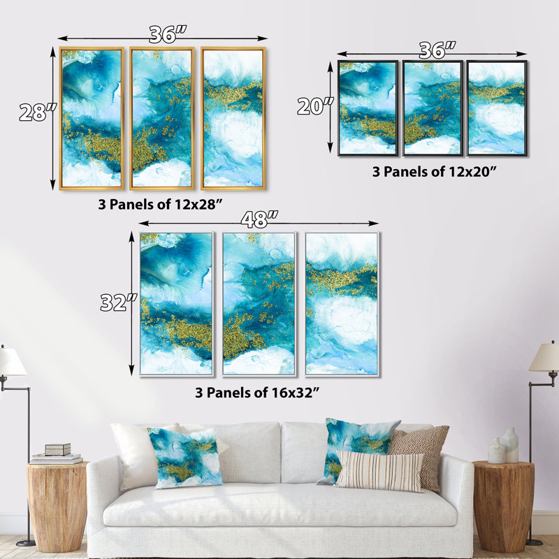 «Blue with Gold Glitter Creative Abstract», reproduction sur toile flottante 3 pièces, H 28 po x l 36 po x P 1 po, Cadre brun