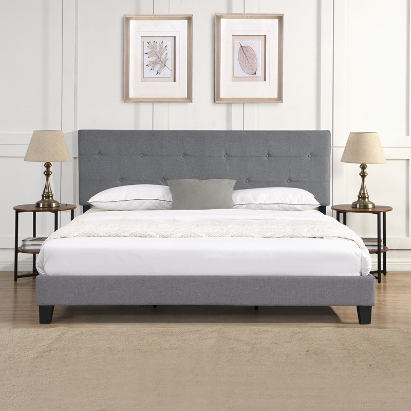 King Size Upholstered Platform Bed Frame With Button Tufted Linen Fabric Headboard, No Box Spring Needed, Wood Slat Support, Easy Assembly, Gray