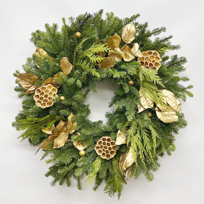 Natural Fresh Evergreens and Dried Flower Holiday Gold Leaves, Gold Lotus, and Gold Sparkly Balls Wreath
