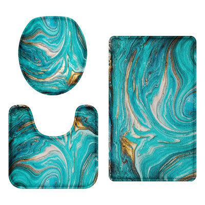 Marble Swirl Cyan 3 Pack Shower Bathroom Rug Kit