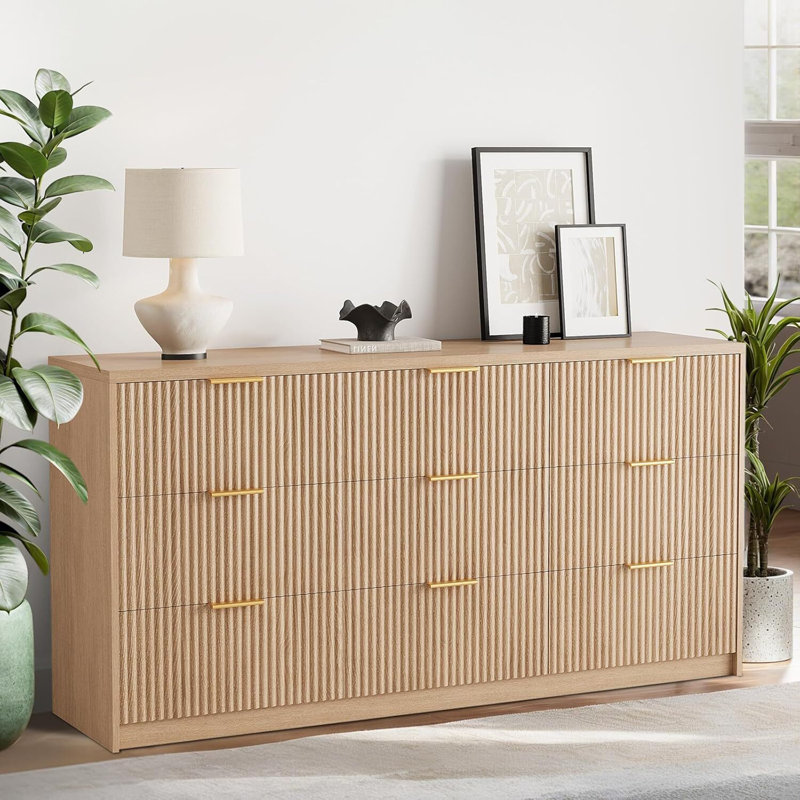 9 Drawer Fluted Dresser for Bedroom 55in Wide Modern Chest of Drawers with Metal Handle Fluted Wood TV Stand Modern Large Dresser Natural Color