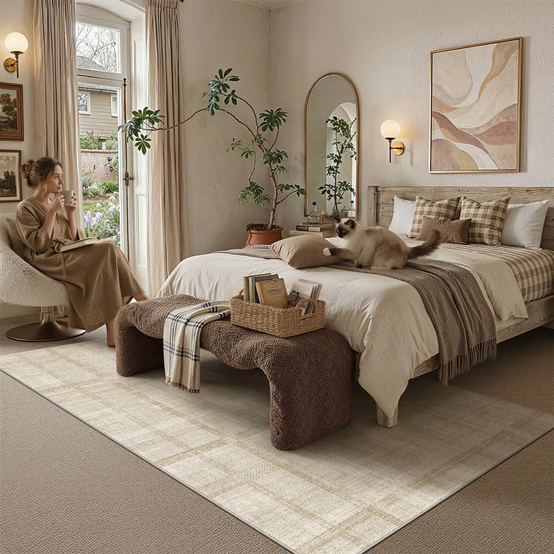 Tapis texturé CozyGrid, Beige, Rectangulaire 5 pi x 7 pi