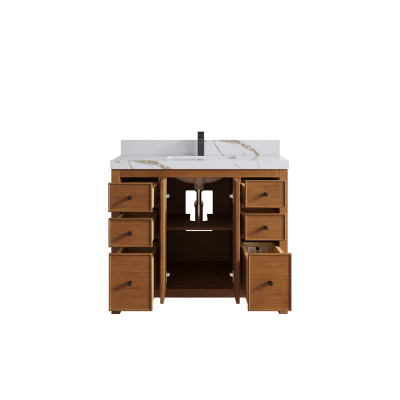 Chicago Teak 42'' Single Bathroom Vanity with Quartz Top, Calacatta Gold