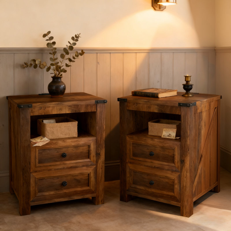 Tables de chevet avec station de charge, table de chevet rustique de 18 pouces avec 2 tiroirs de rangement et tablette ouverte