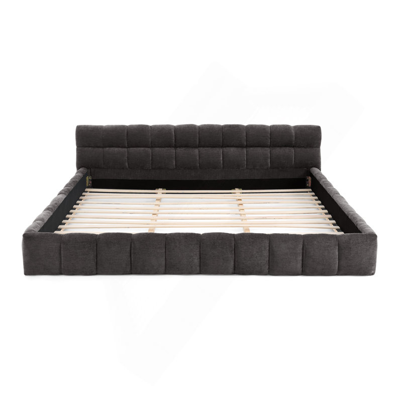 King Size Upholstered Bed Frame With Thick Fabric, Chenille Fabric Platform Bed With Headboard And Solid Frame. No Box Spring Needed