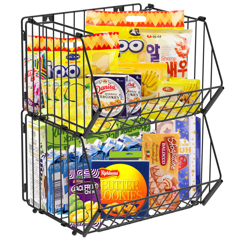 Ensemble de 2 bacs de rangement empilables en métal avec poignées pour la cuisine, noir