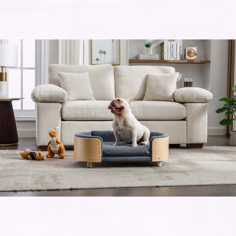 Canapé pour chien surélevé de style scandinave avec pieds en bois massif, dossier en bois courbé et coussin en velours