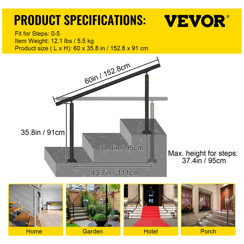 VEVOR Outdoor Stair Railing Kit, 5 FT Handrails for 0-5 Steps Aluminum Stair Hand Rail, Black