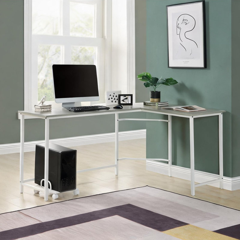 Bureau d'ordinateur en L compact avec support pour unité centrale, blanc gris froid, 47 po, structure en métal durable