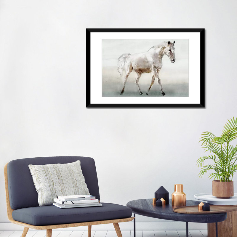 «White Horse», impression sur toile, H 16 po x l 24 po x P 1 po, Papier d'art encadré noir, Blanc
