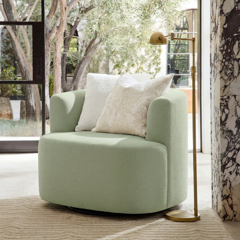 Oversized 41" Wide 360° Swivel Barrel Boucle Accent Armchair with Pillow, Green