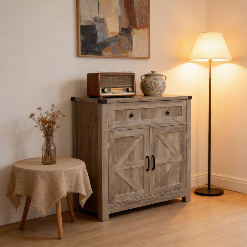 Buffet de rangement en bois lavé de style rétro, Gris clair